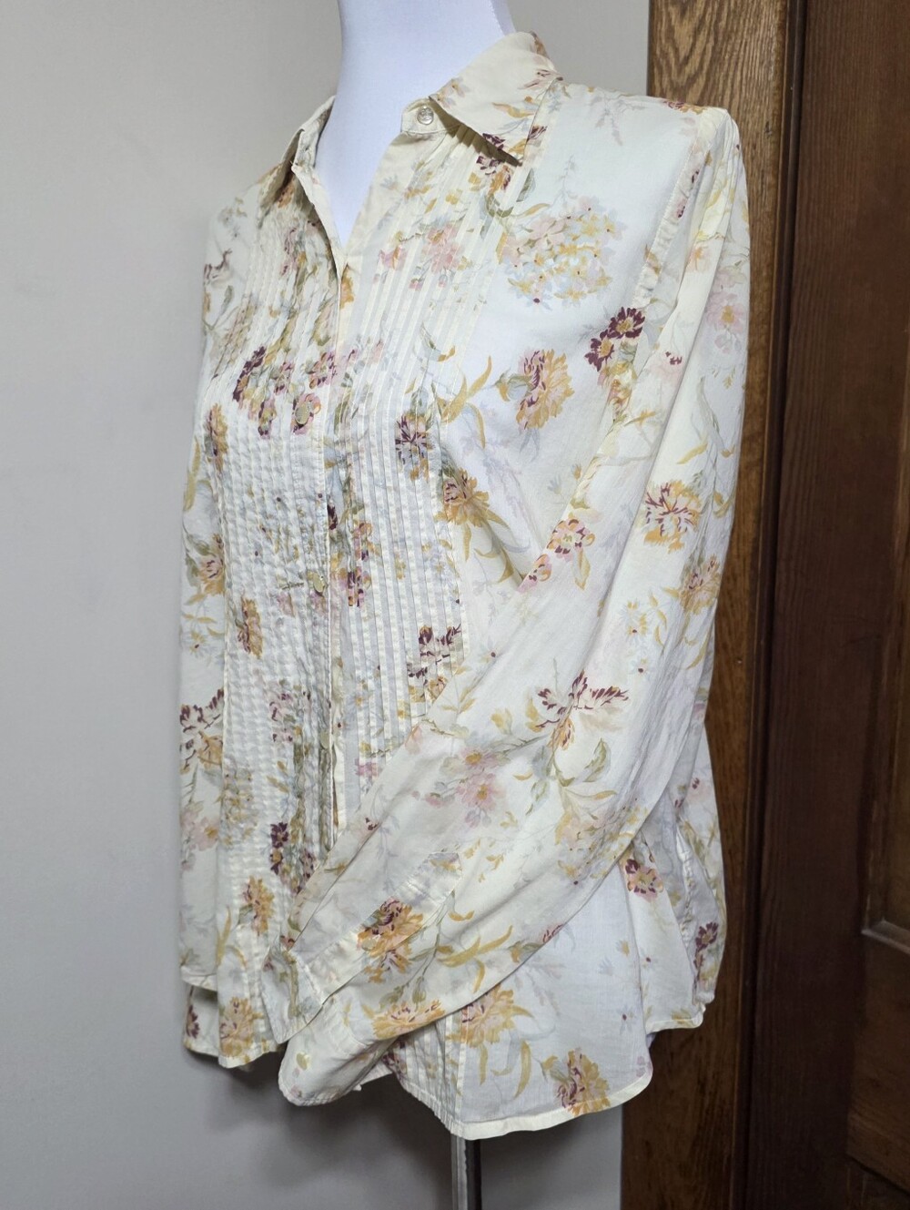 Lauren Ralph Lauren Sz L Ivory Buttons Shirt Floral Print Cottage Lightweight